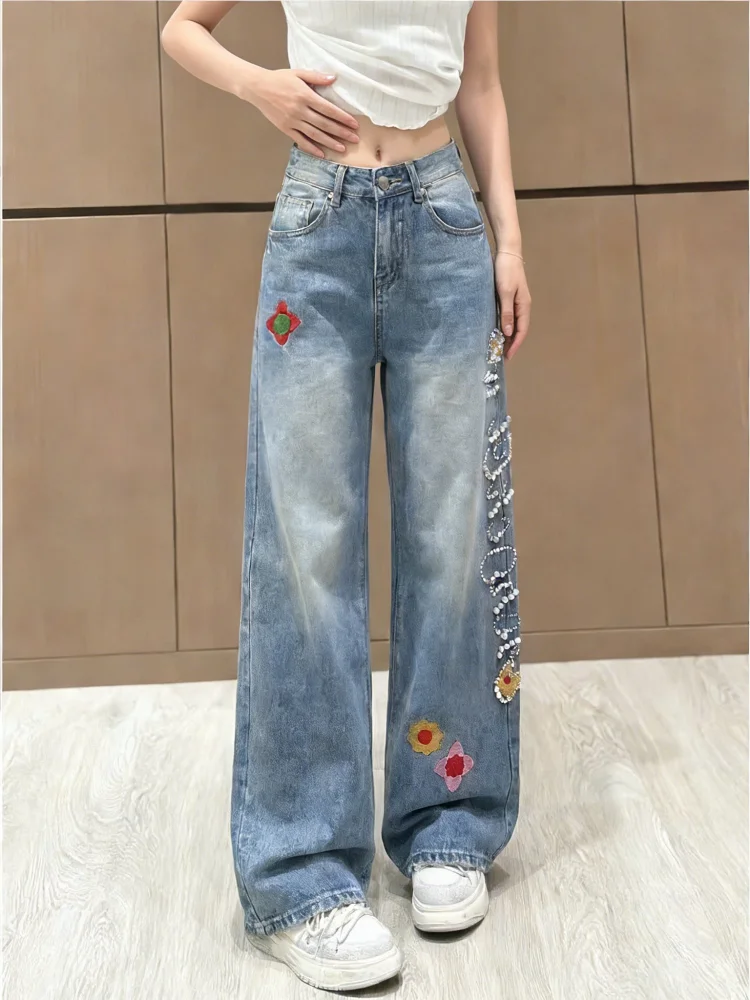 

Американские ретро-джинсы прямого кроя для женщин, весна 2026, с вышивкой, широкие брюки с цветочным узором, утягивающие фигуру