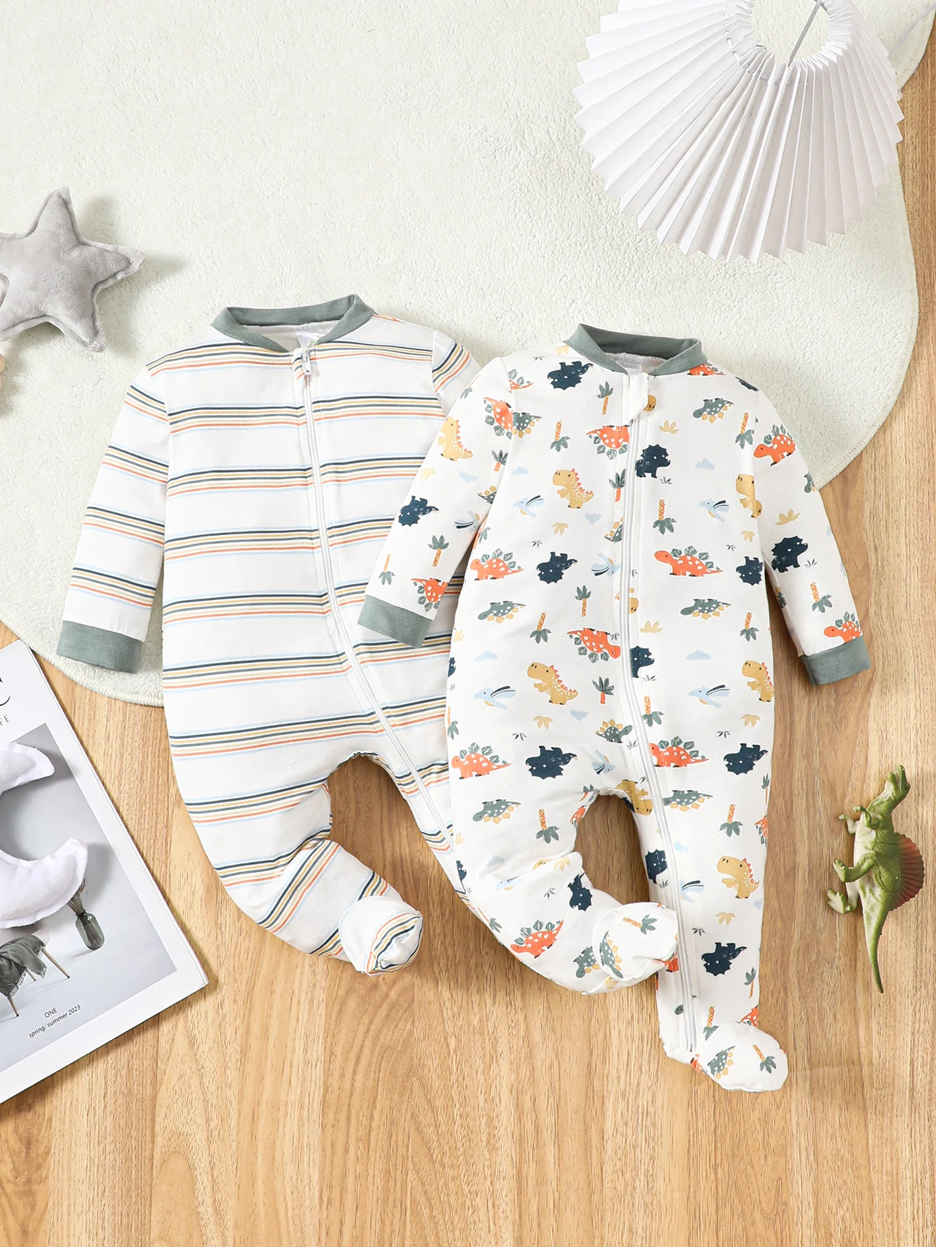 2-piece bamboo fiber long-sleeved one-piece rompers for infants and newborns, suitable for boys and girls in spring and autumn.