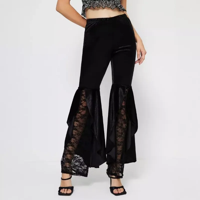 

High Waist Black Flare Pants Lace Spliced Velvet Trousers Loose Elegant Casual Slim Solid Classic Women Vintage Stretch Summer