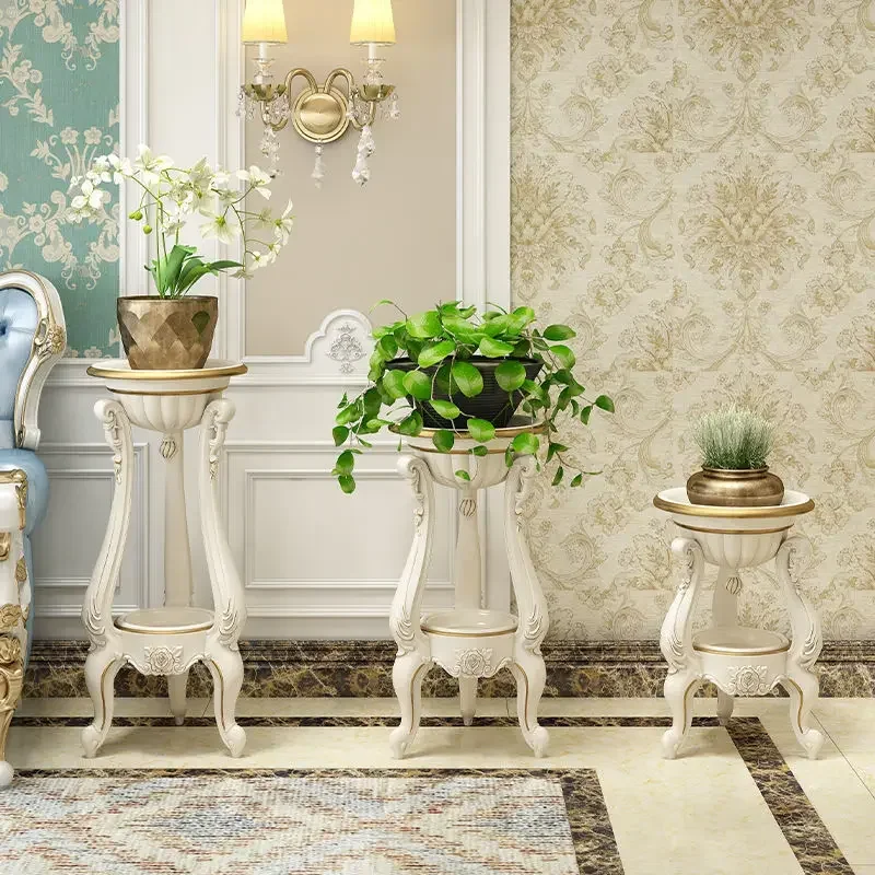 

European Living Room Stand Flowers Multilayer Resin Carved Drawing Planter Elegant Flower Shelf Classic Plant Rack
