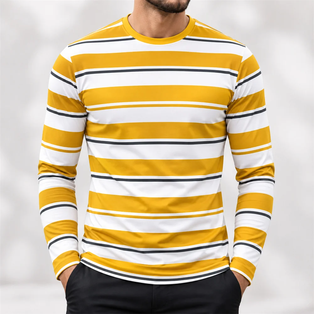 Classic Striped Long Sleeve T Shirt for Men Horizontal Stripe Print Crew Neck Casual Top Simple Everyday Style Autumn Clothing