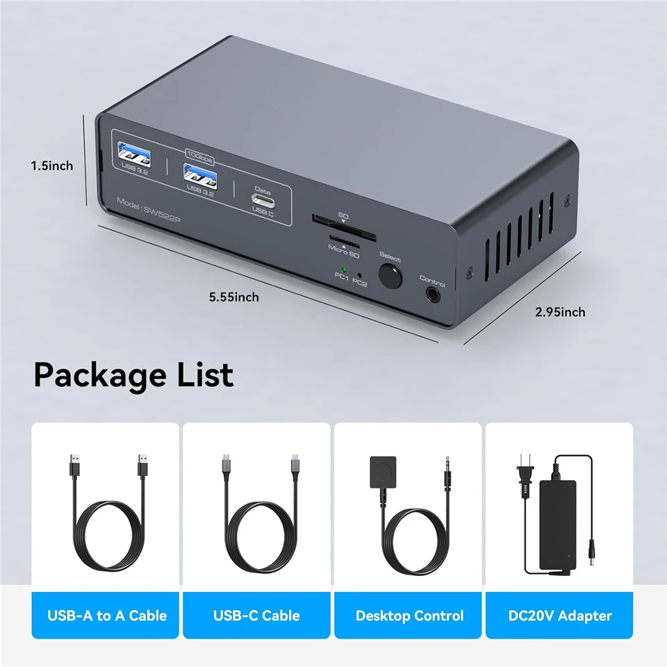 KVM Switch 2 Monitors 2 PC USB-C Docking Station with HDMI 4K@60Hz & DP 4K@120Hz