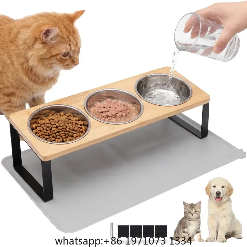 Elevated Cat Bowls Raised Wood Stand Feeder with 3 Stainless Steel Bowls Feeding & Watering Supplies for Puppy Cats Accessories