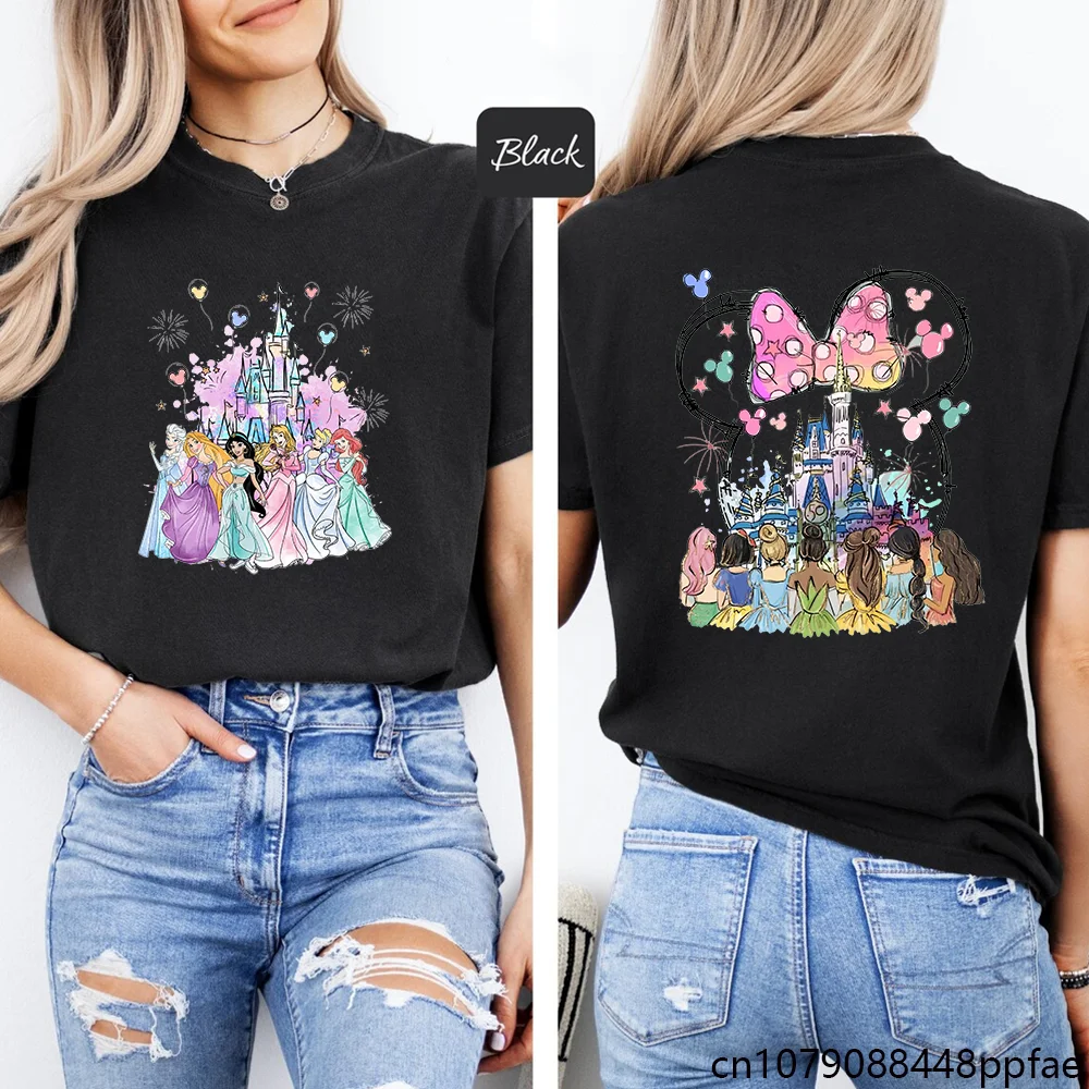 Damska moda Nowa urocza koszulka z nadrukiem księżniczek Disneya Koszulka z motywem zamku Disneya Urocza koszulka z głową Myszki Minnie