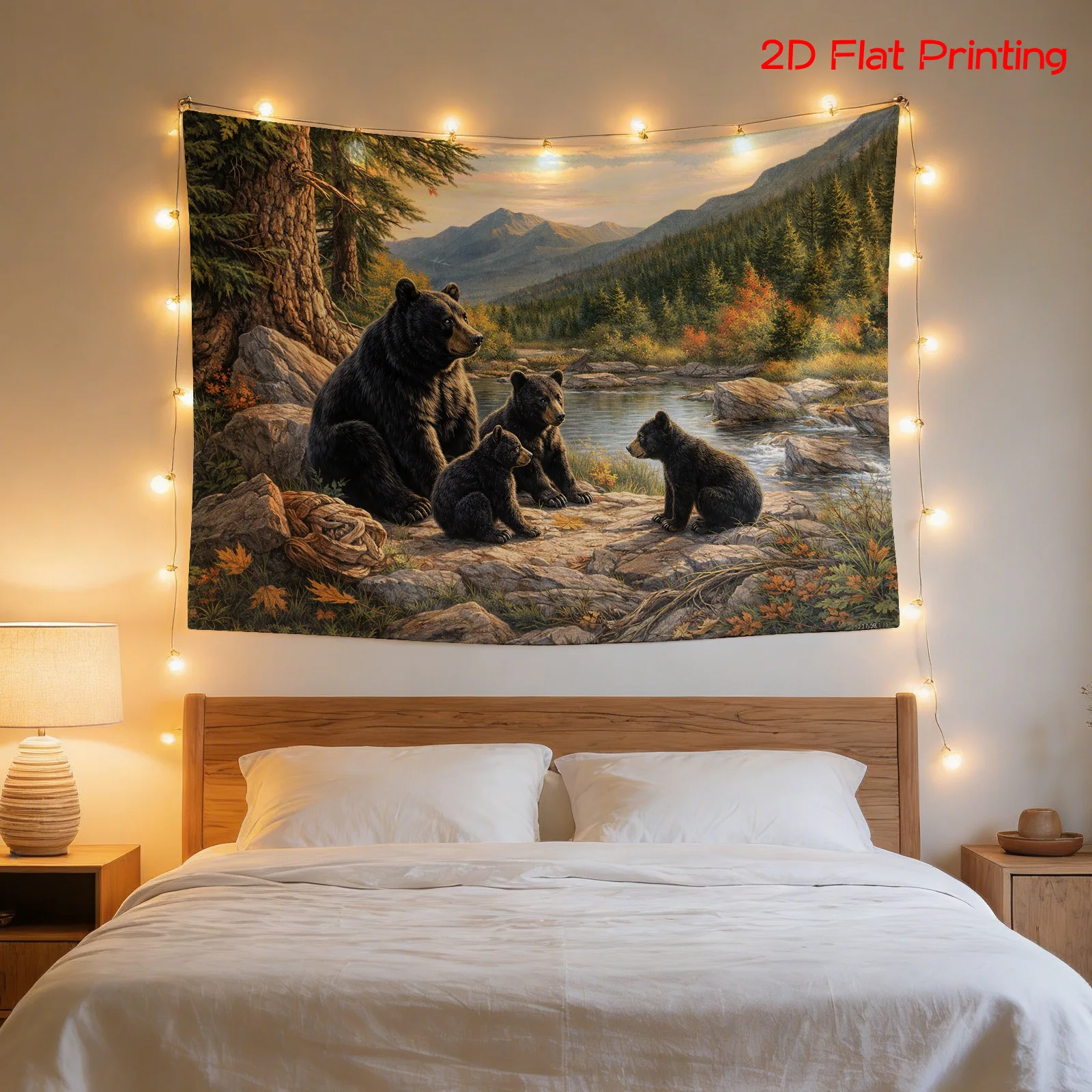 2D Flat,1pc Printed Tapestry, Black Bear Family Mountain River Scene, Nature Wall Decor, for Living Room,Bedroom