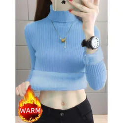 Turtleneck Winter Sweater Women Elegant  Sueter Fleece KnittedThicken Velvet Lined Warm Pullover Slim Top Jersey Knitwear Jumper