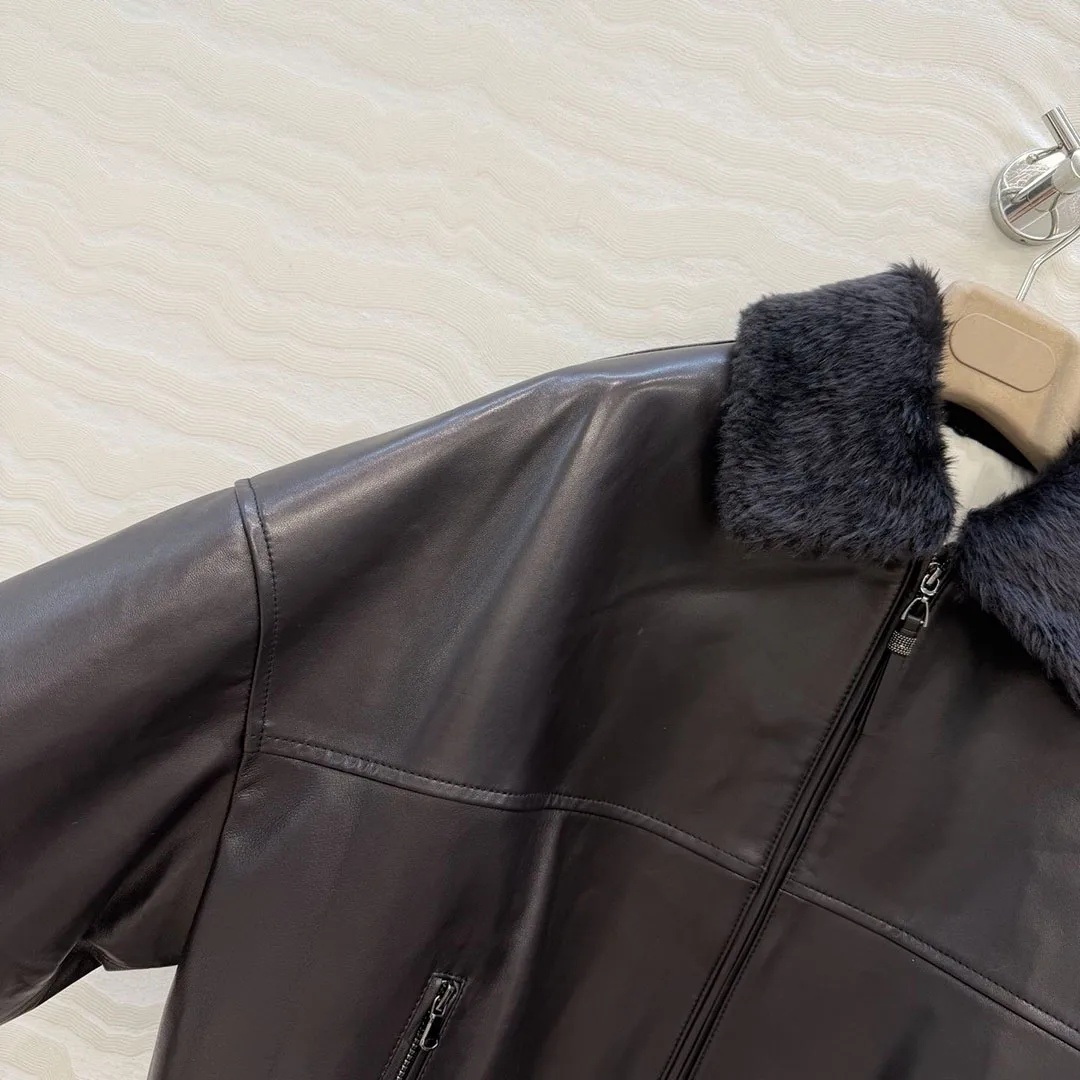 Vintage Old Money Style Brown 100% Sheepskin Jacket Women Removable Lamb Fur Lapel Zipper Long Sleeve Loose Casual Winter Coat