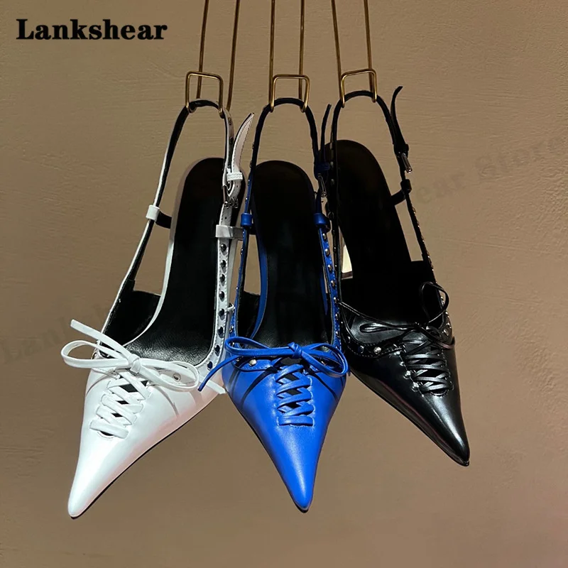 2023 New Temperament Ultra-High-Heeled Sandals Metal Rivets Leather Lace-Up Pointed Toe Stiletto Women's Shoes Summer Sandals