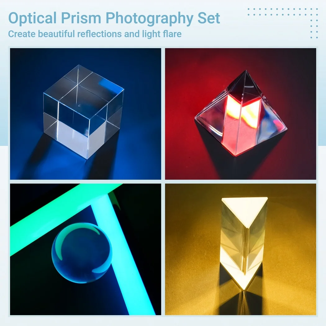 4Pcs Crystal Optical Photography Prism Camera Lens Optical Crystal Ball Glass Cube Pyramid Rhombus Prism For Rainbow Effect Make