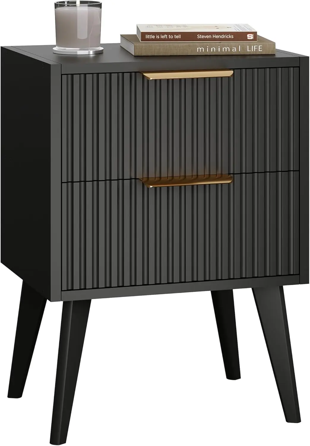 

Modern Black Nightstand with Fluted Design and 2 Drawers, Wood Legs, Mid-Century Style for Bedroom Living Room