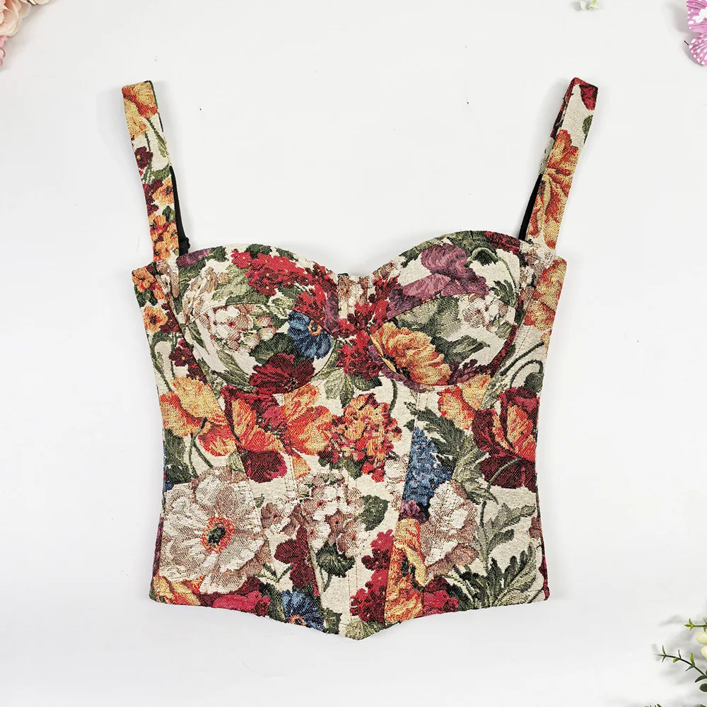 

Элегантный корректирующий жаккардовый корсет в стиле ретро с цветочным принтом, женский облегающий бюстье на молнии сзади, съемный женский клубный вечерние формирователь тела, топ