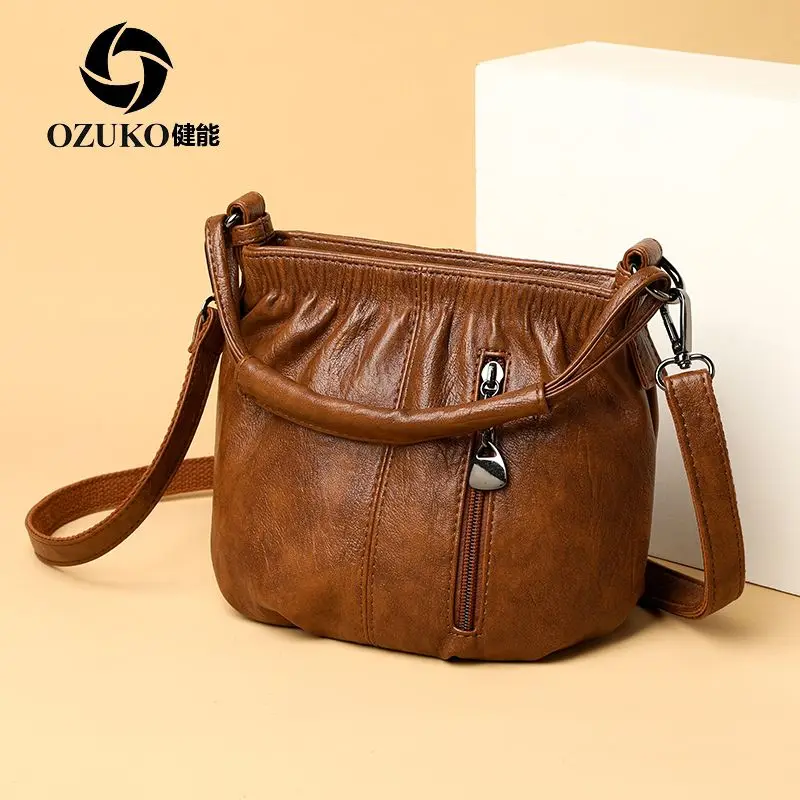 Health Can Fashion Trend Retro Soft Leather Shoulder 2024 New Style Women Middle-aged Mother Crossbody Bucket Zipper Wrinkle Bag