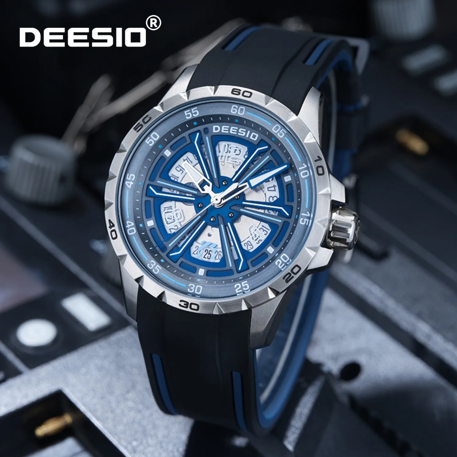 

Deesio Mens Automatic Mechanical Watch Skeleton Self-Wind Business Chronograph Calendar 316L Stainless Steel Waterproof Men Gift