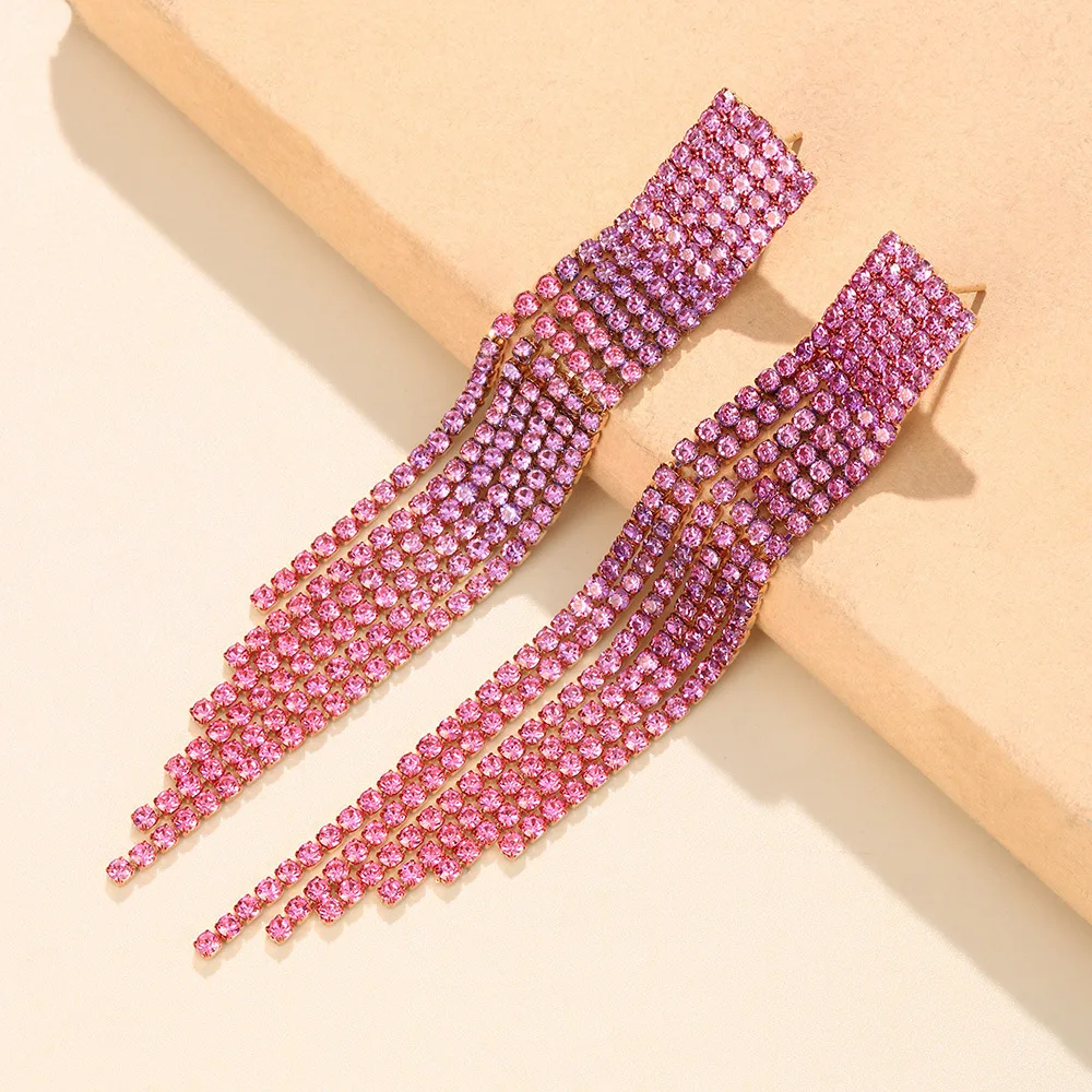 Elegant Long Tassel Fuchsia Crystal Earrings Ladies Exaggerated Earrings Rhinestone Korean Jewelry