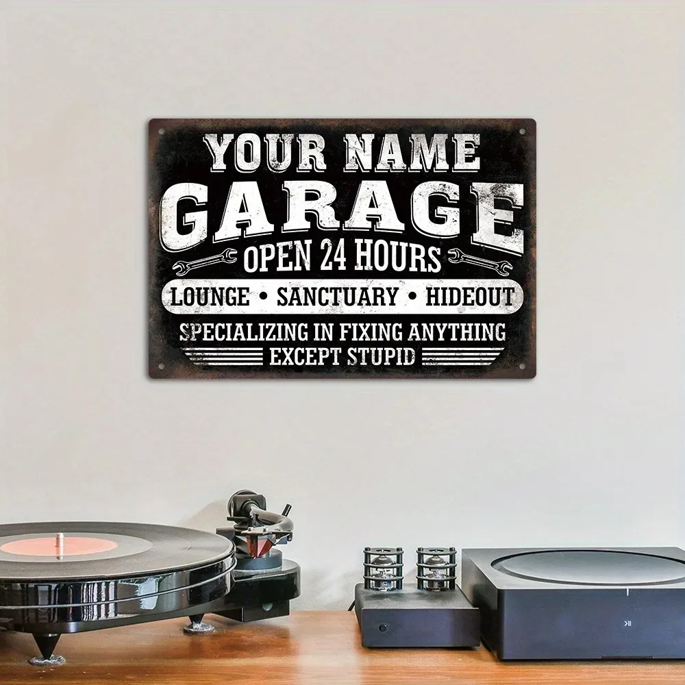 [2D Flat] Personalized Custom Name Vintage Garage Metal Plaque 24 Hours Lounge Hideout, Waterproof Man Cave Indoor Outdoor Wall
