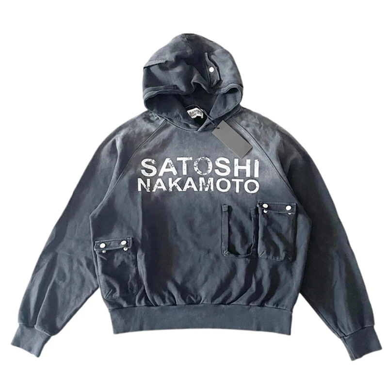 Vintage Trend Satoshi Nakamoto Hoodie High Quality Spliced Casual Loose Washed Black Hooded Sweatshirt