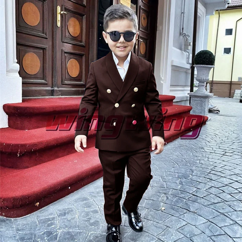 Boys Wedding Suit Jacket Pants Set of 2 Double Breasted Kids Clothes Fashion Gold Buttons 2-16 Years Blazer