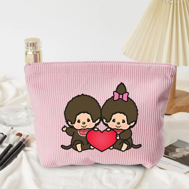Monchhichis Corduroy Cosmetic Bag for Women Anime Cartoon Good-looking Makeup Pouch Students Portable Fashion Washing Bags Gifts