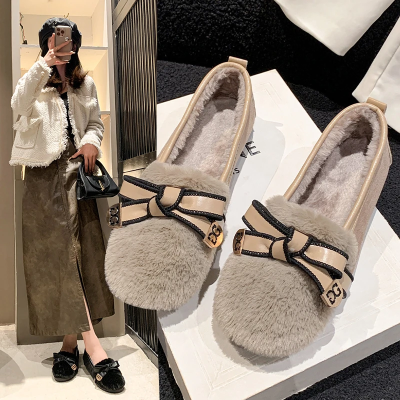 Women's Shoes Plush Shoes Autumn New Fashion Retro Bow Flat Non-slip Warm Cotton Shoes