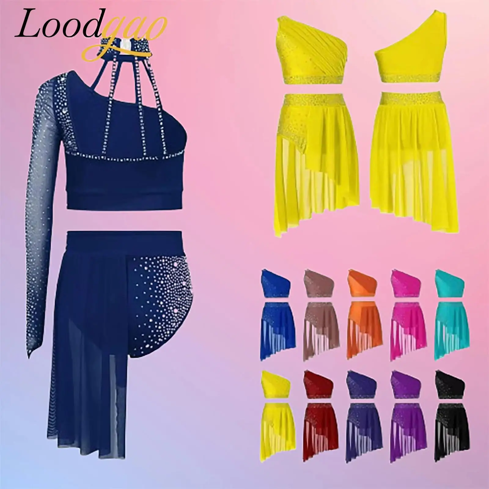 

Girls Skating Dress Lyrical Dance Outfit Performance Suits Kids Dance Wear One Shoulder Crop Top + Skirted Briefs Clothes Sets