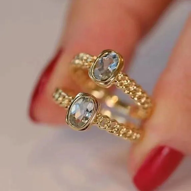 

New Natural Aquamarine Ring 925 Silver With Yellow Gold Plating Cuban Chain Band Oval Gem Women's Ring