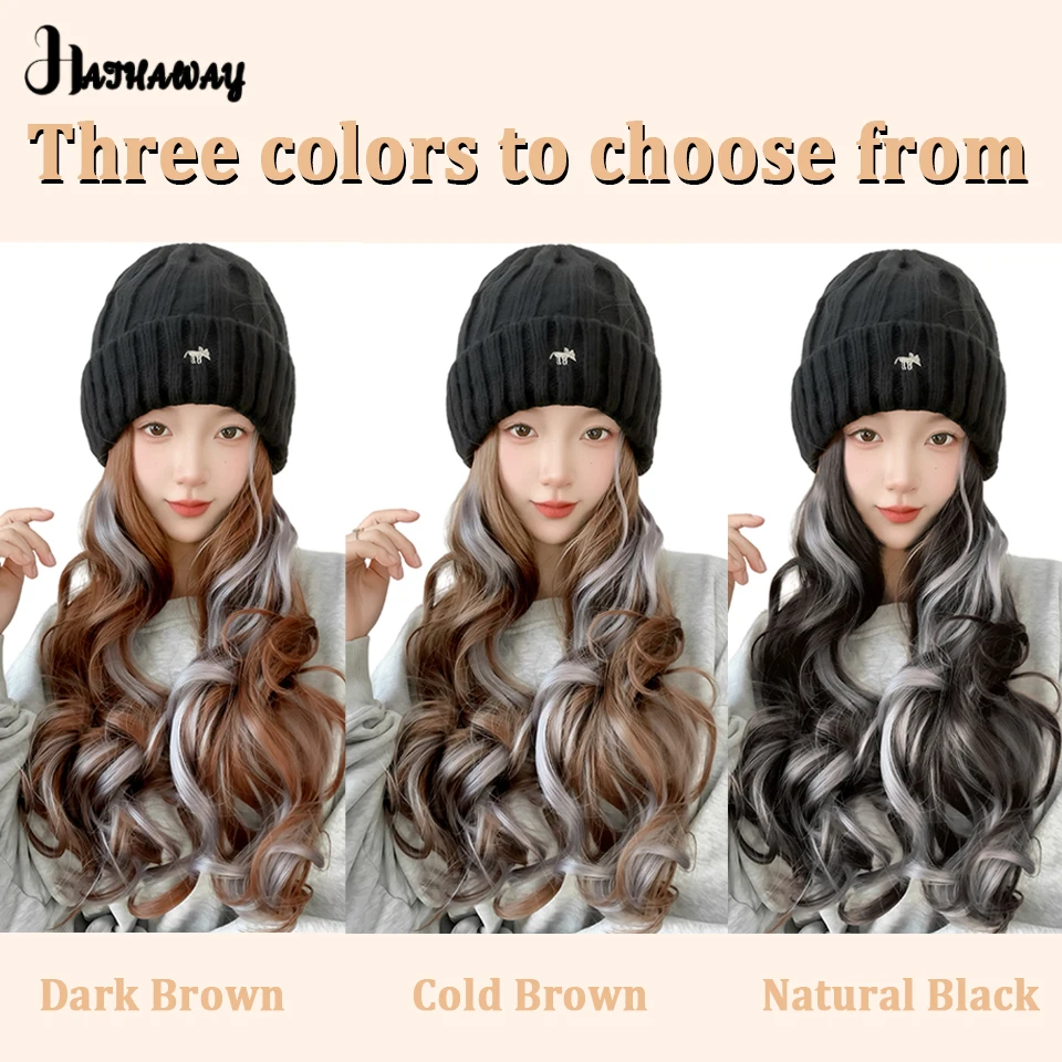 Synthetic Hats Wig Women's Fashion Knitted Hats In Autumn And Winter Highlights Long Curly Hair Wool Wig Hats Full Head Wig Hat