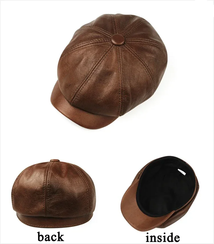 Retro Brown Hats Men Spring/Winter 100% Real Leather Warm Cap Male Beret Painter Boina Cowhide Octagonal Casquette High Quality