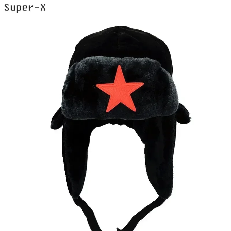 Mens Boys Winter Hat Red Star Label Aviator Ski Bomber Cap Parent-child Trapper Ear Flaps Black Russian Hat Fluffy Faux Fur