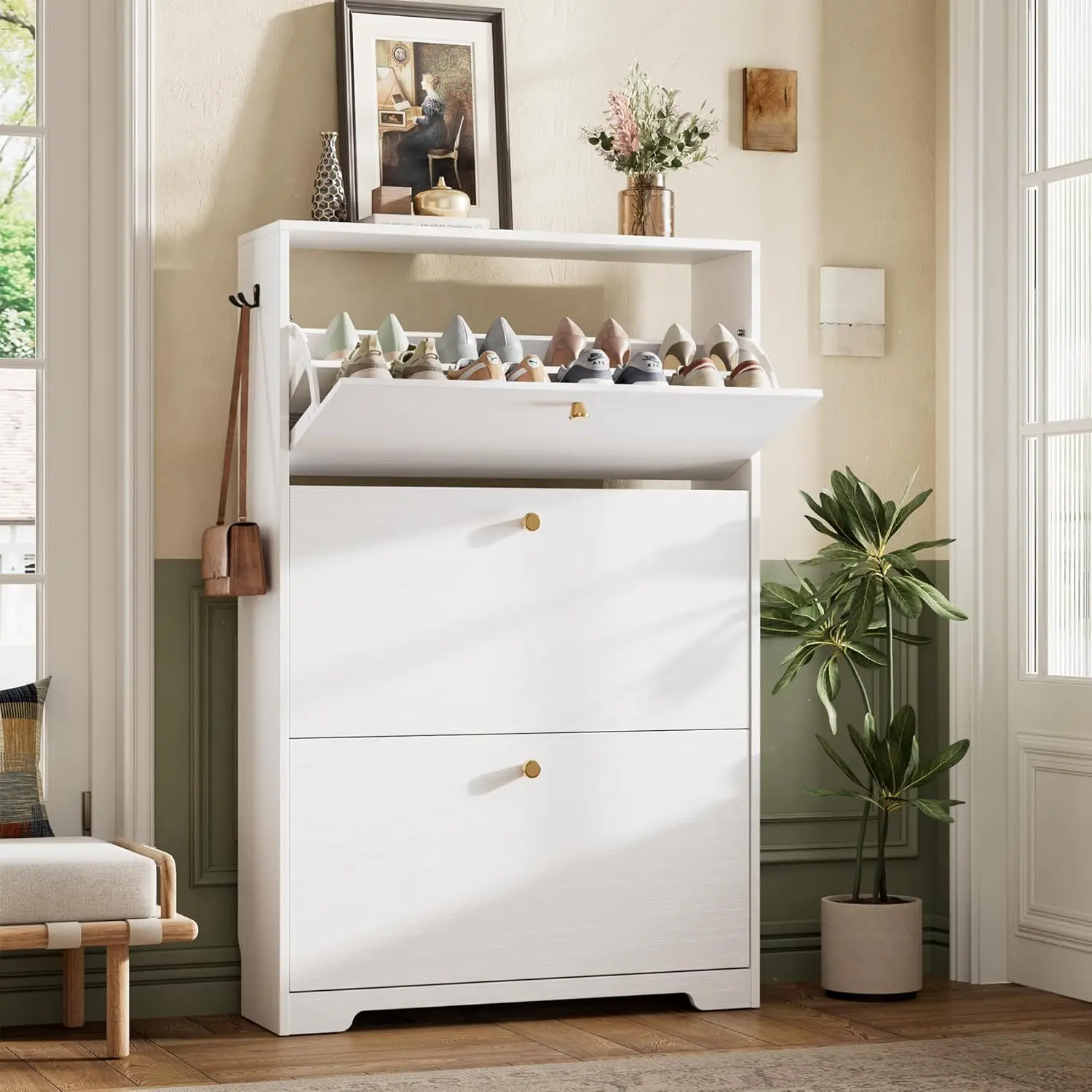 

Тонкий шкаф для обуви с 3 откидными ящиками, отдельно стоящий органайзер для прихожей, белый