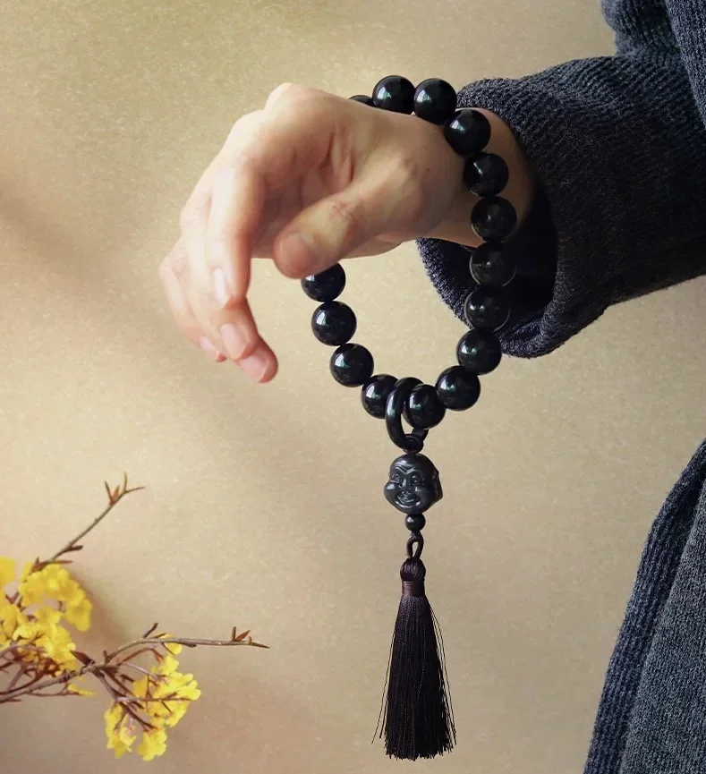 

Natural Obsidian Buddha Beads Retro Hand-held Eighteen Buddha Head Pendant Tassel Hand Handle Rosary Beads Meditation Beads