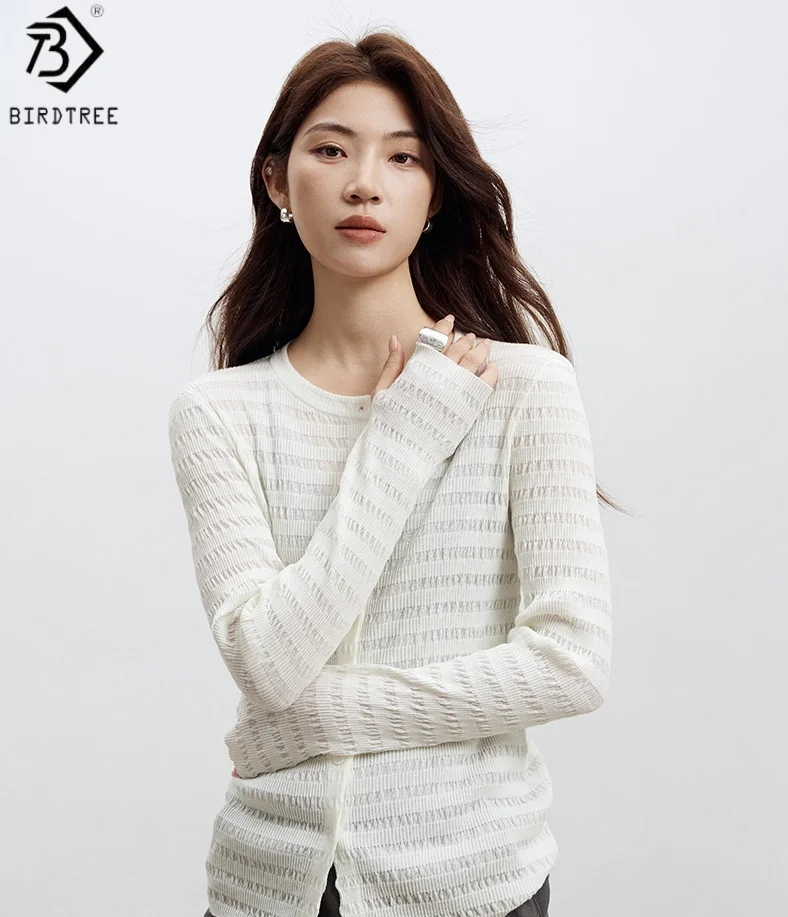 

Birdtree 4,6% овечья шерсть 33,5% нейлоновый полый кардиган, женская шерсть с круглым вырезом, осеннее однобортное вязаное пальто с длинными рукавами T58512JF