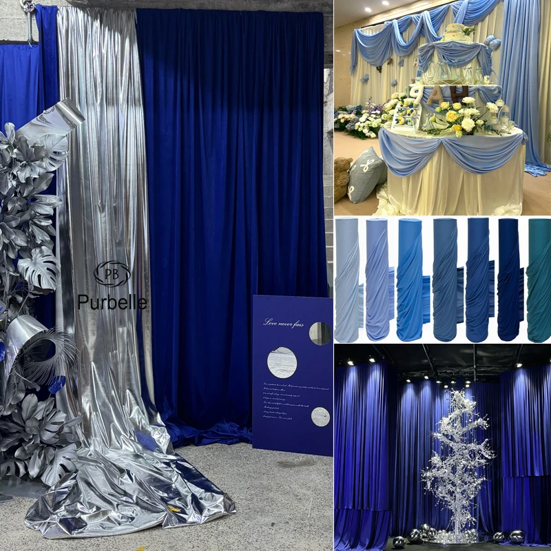 Image of Blauer Party-Dekorstoff, cremefarbener, elfenbeinfarbener Stretchstoff für Hintergrunddekorationen, Hochzeitsvorhänge, DIY-Nähstoff für Kleiderfutter.