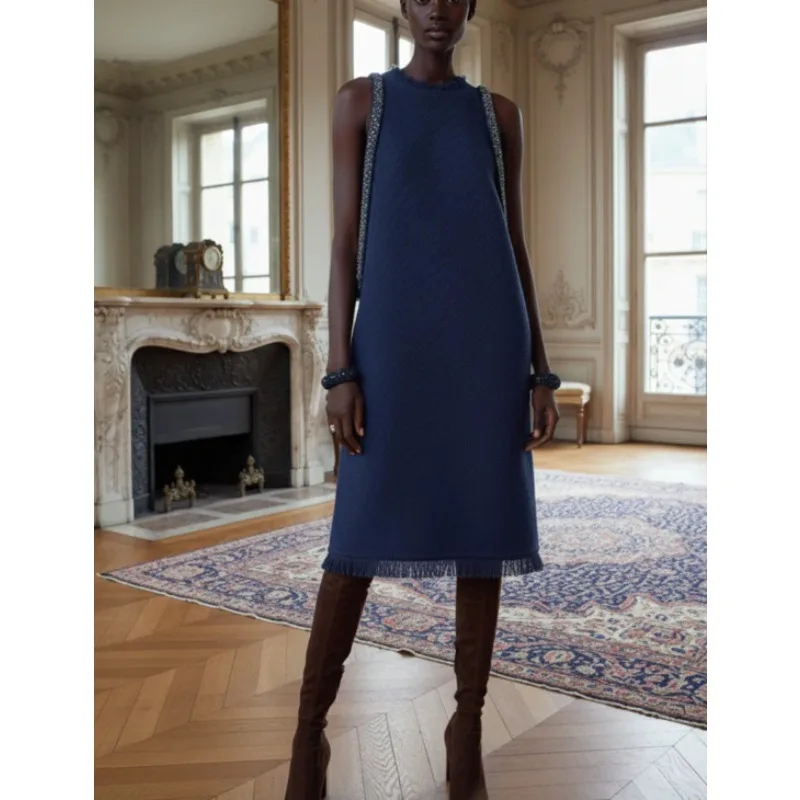 

Tinaa Темно-синие платья с отделкой из бисера. Женское элегантное платье без рукавов весна-лето 2026.