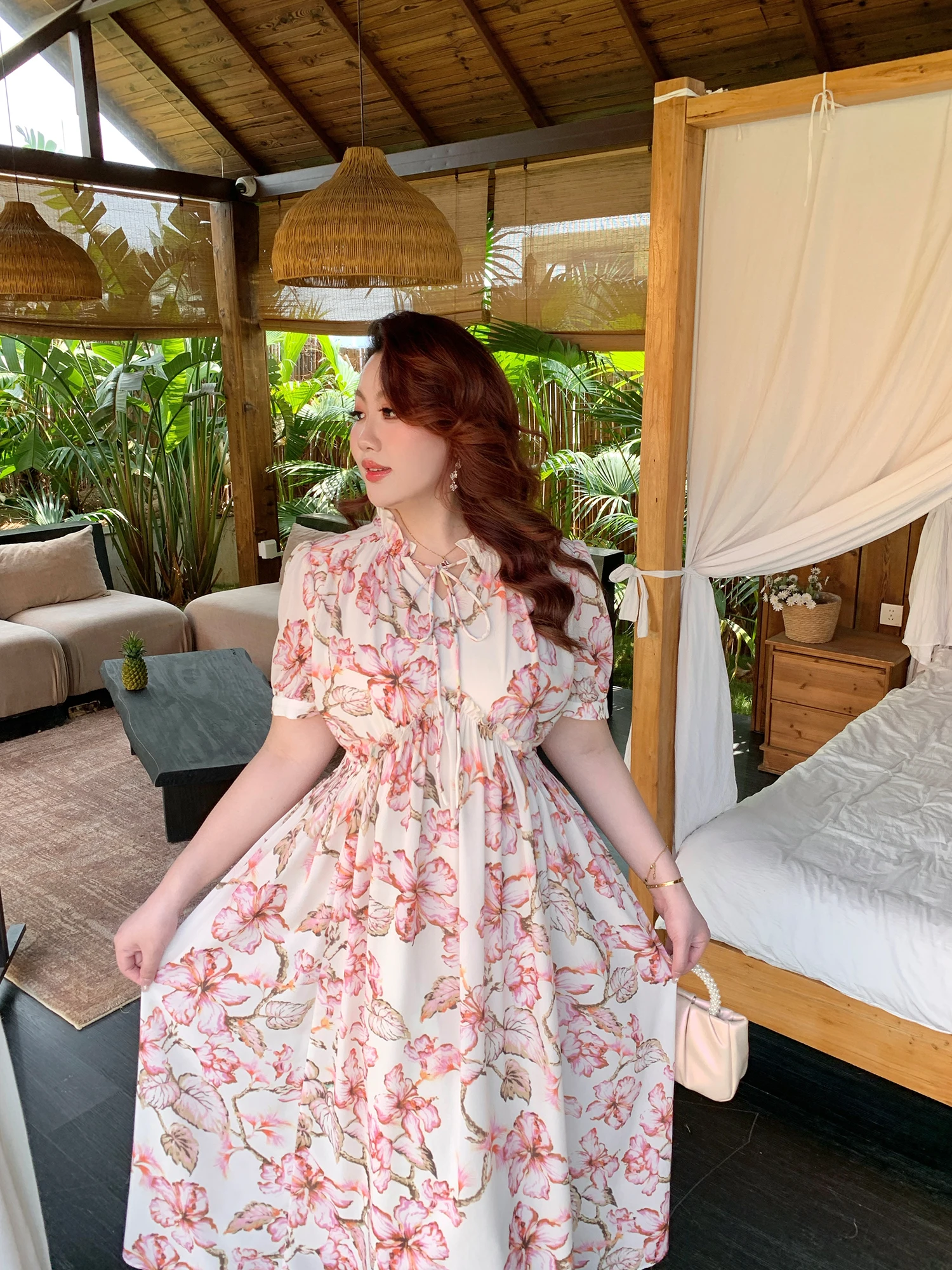 

GLEC plus Size Summer New Gentle Style Vacation Clothing Tie Waist Chiffon Floral Print Dress Women's Casual High Waist A-Lin...