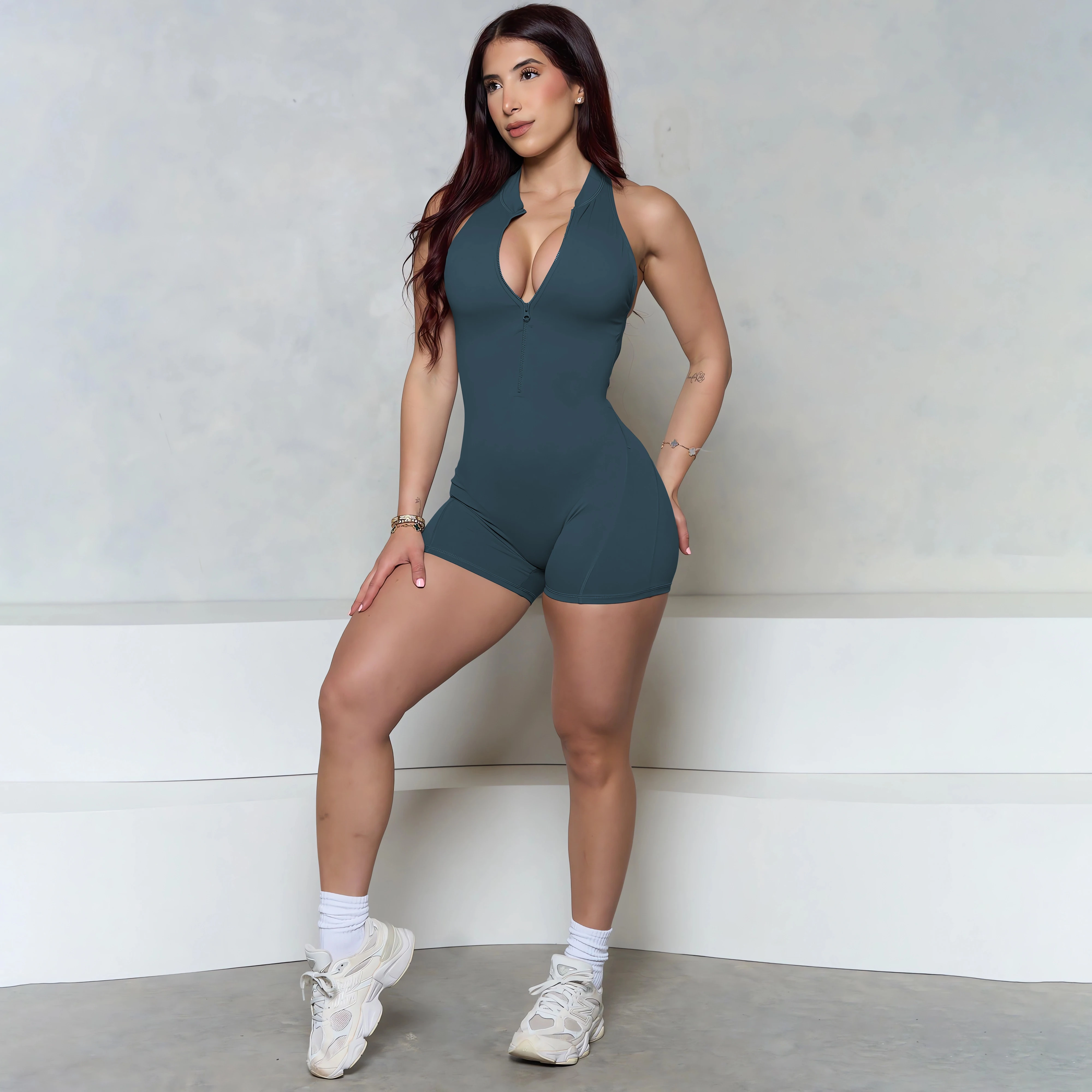 Frauen Bum Ärmellose ZIPPER Scrunch Butt Strampler Frauen Sportliche Overall Lycra Kurze Fitness Gym Overalls 2025, Neue Workout Kleidung