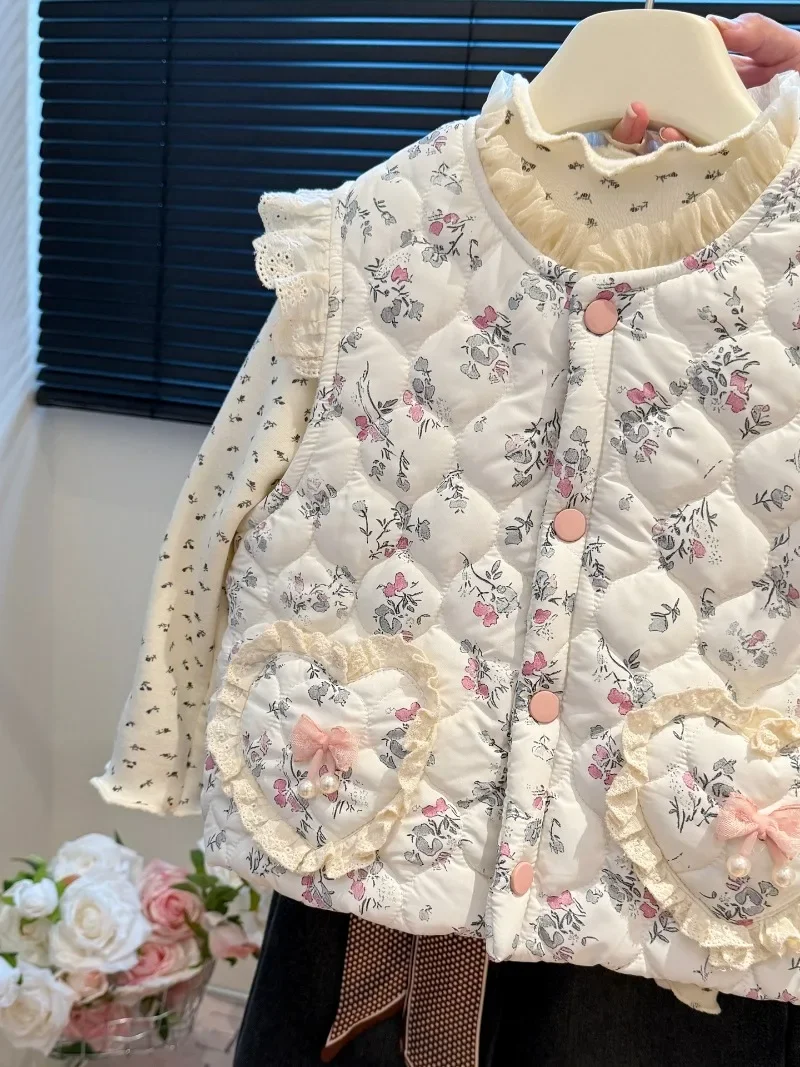 UNITIM Herbst Winter Kinder Mädchen Weste 2-8 Jahre Mädchen Blumendruck Ärmellose Jacke Lose Verdickte Warme Kinder Mädchen Oberbekleidung – Detail 11
