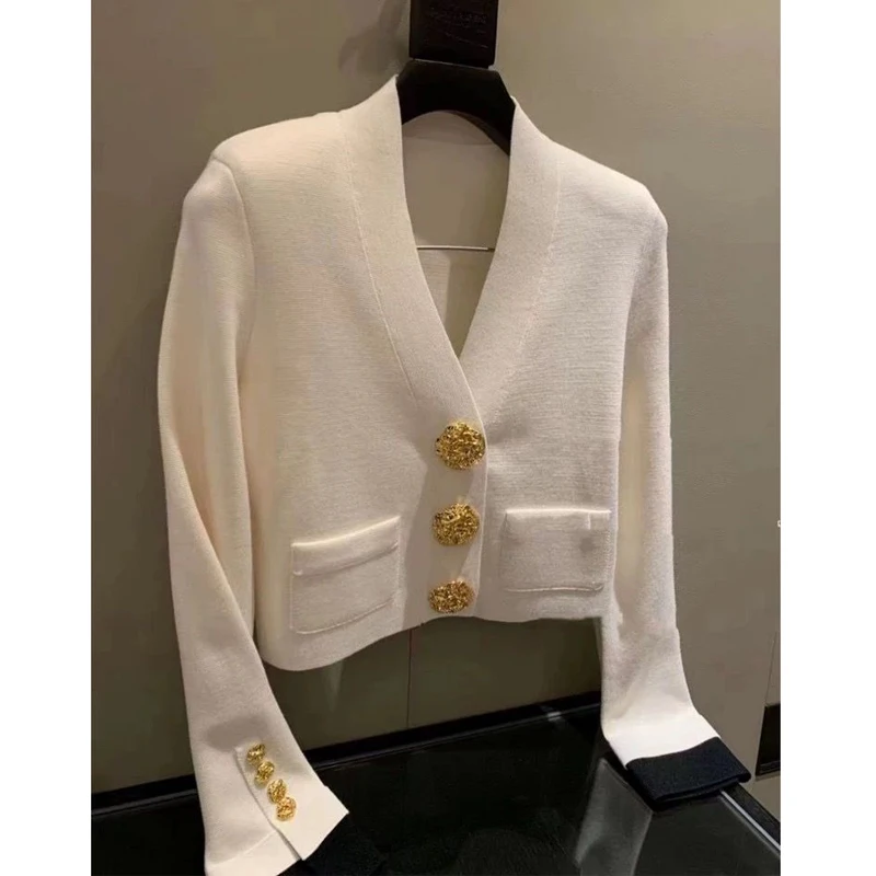 Women French Style Vintage Luxury Chic Elegant Button Knitted Cardigan Spring Autumn Black White V Neck Long Sleeve Sweater Coat