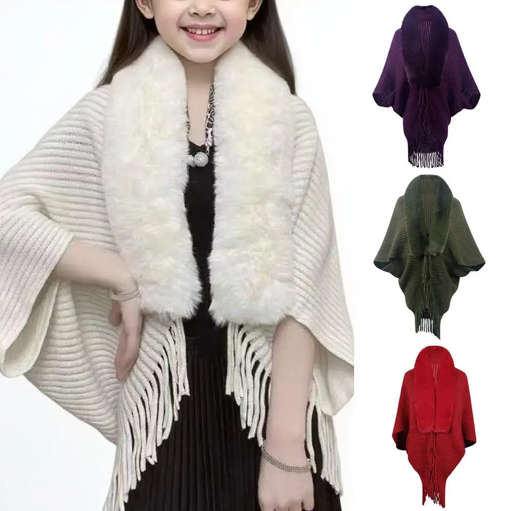 

Faux Fur Collar ' Mongolian Poncho Ethnic Style Winter Warm Cardigan Tassel Shawl Artificial Wool Striped Knitted Cape For