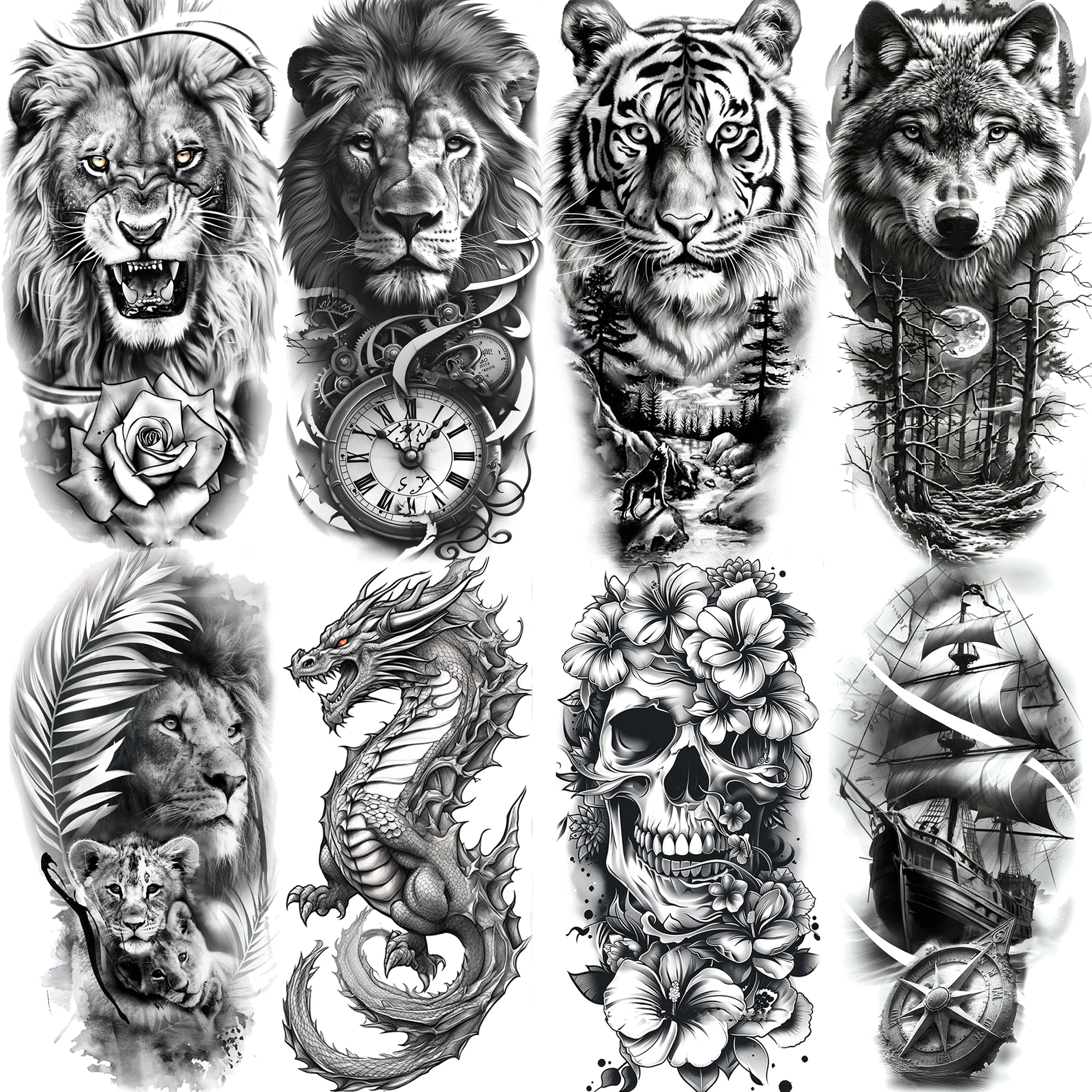 

1 Sheet Forest Tiger Lion Temporary Tattoos For Men Women Waterproof Realistic Dragon Skull Fake Tattoos Arm Leg Tatoo Stickers