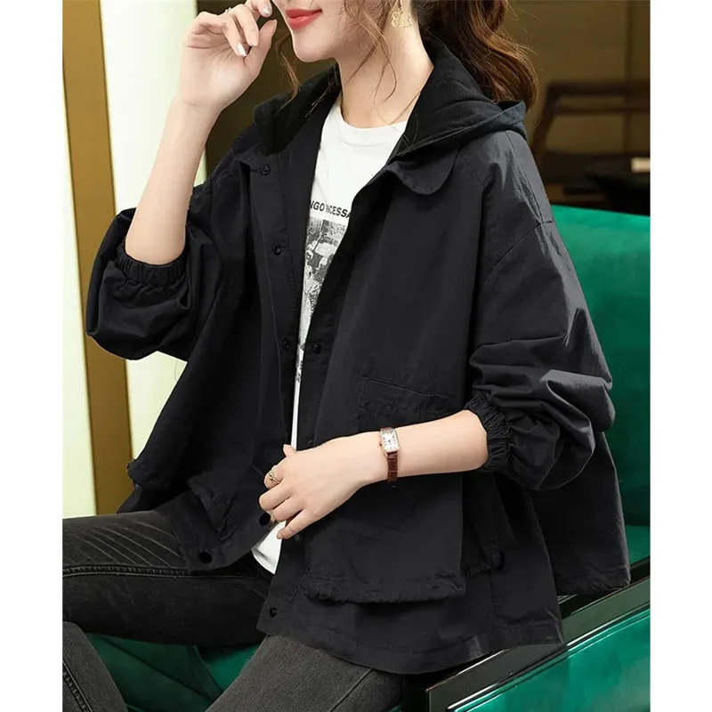 High-End Hooded Jacket Versatile Loose Jacket Women\'s Solid Button Pocket Casual Patchwork Contrasting SweaterShirt  Brown Coats