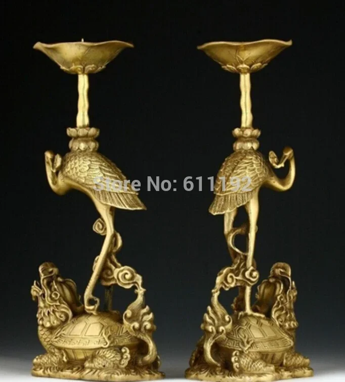 A pair 9 Inch high Home Decoration brass Candle stick, Carved Crane On Tortoise craft statue