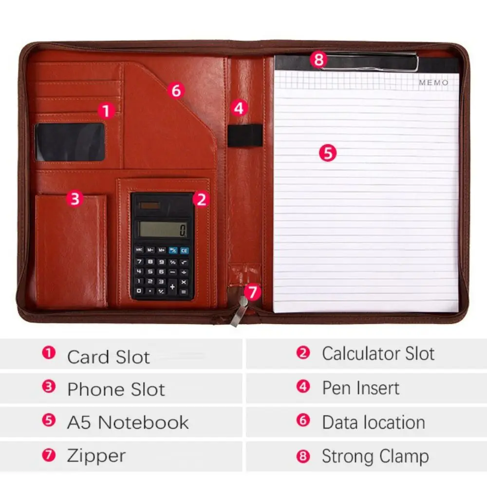 المحمولة بو الجلود A4 مجلد ملفات سستة حقيبة حامل بطاقة القلم إدراج حقيبة أعمال سستة إغلاق مذكرة الوسادة كليب المؤتمر #5