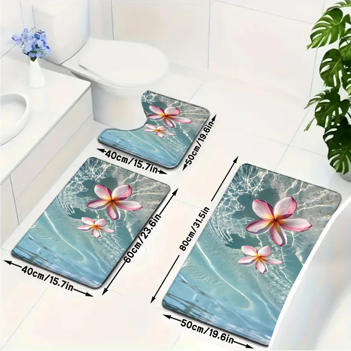 

Набор из 3 ковриков для ванной с узором «Водная рябь» и франжипани, нескользящий, с цветочным принтом, мягкий коврик для душа, коврики для туалета, декор для дома