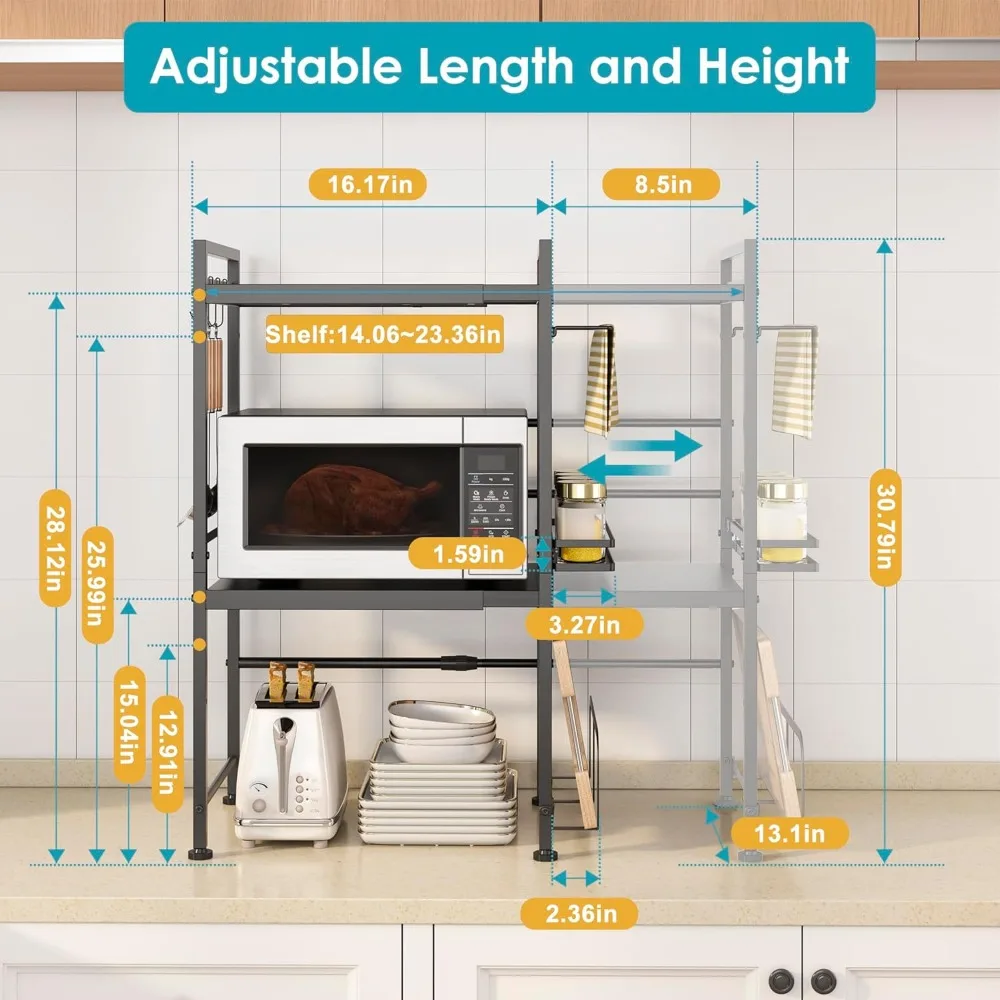 رف فرن ميكروويف قابل للتوسيع لتخزين سطح المطبخ، مادة فولاذية كربونية، مثالي لتنظيم أواني وأدوات المائدة #3