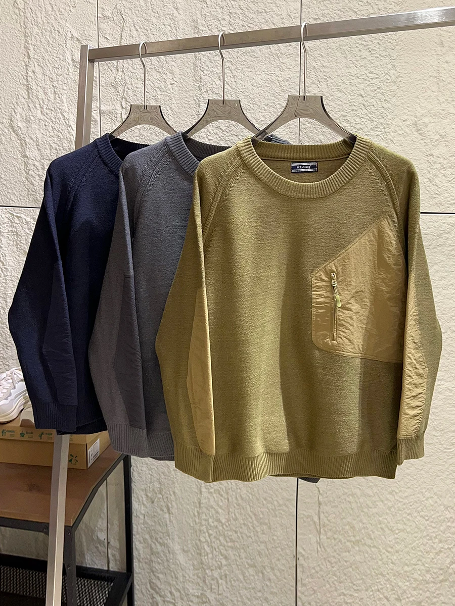 

American Hardman Style Outdoor Men's Knitted Sweater round Neck Warmth Pouch Design Autumn Winter Fashion City Style Long Sleeve