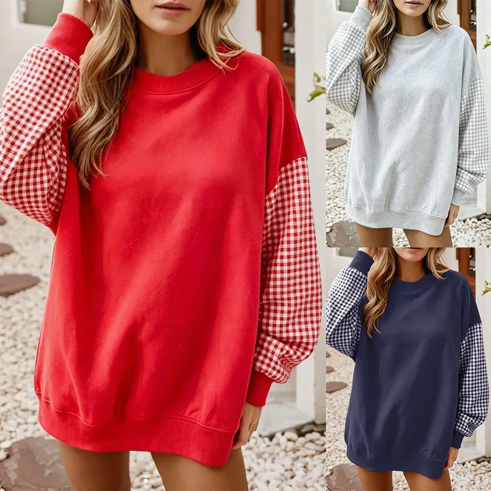 Women's Casual Color Block Sweatshirt Crew Neck Loose Fit Lantern Sleeve Patchwork Plaid Tunic Top Autumn Pullover