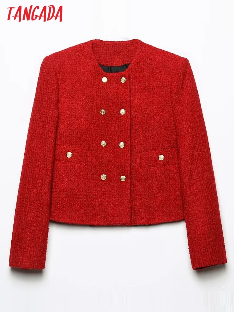 Tangada Spring Women Red Tweed Thick Suit Long Sleeve Pocket Female Crop Coat 6H454