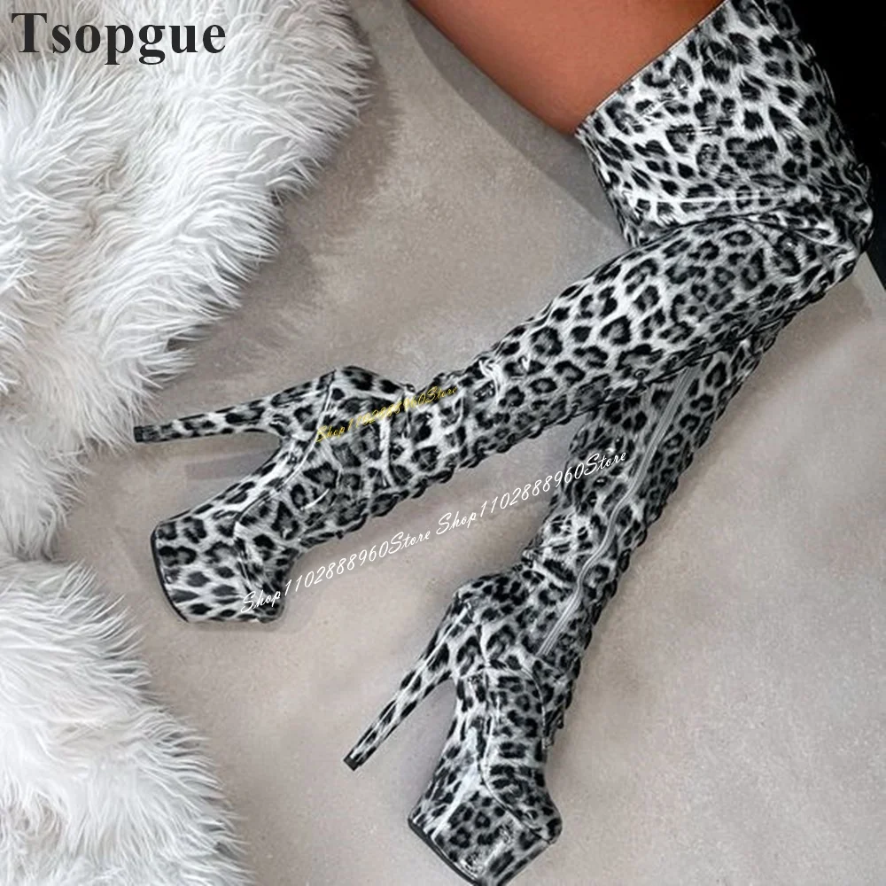 Over The Knee Platform Blue Leopard Print Boots Thin High Heel Women Shoes Side Zipper Round Toe 2024 Sexy Zapatos Para Mujere