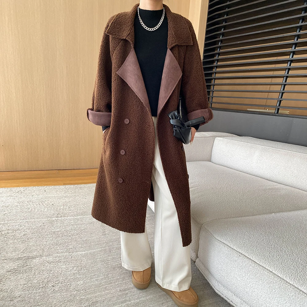 TWOTWINSTYLE Solid Loose Warm Overcoat For Women Notched Collar Long Sleeve Patchwork Lace Up Minimalist Trench Female Fashion