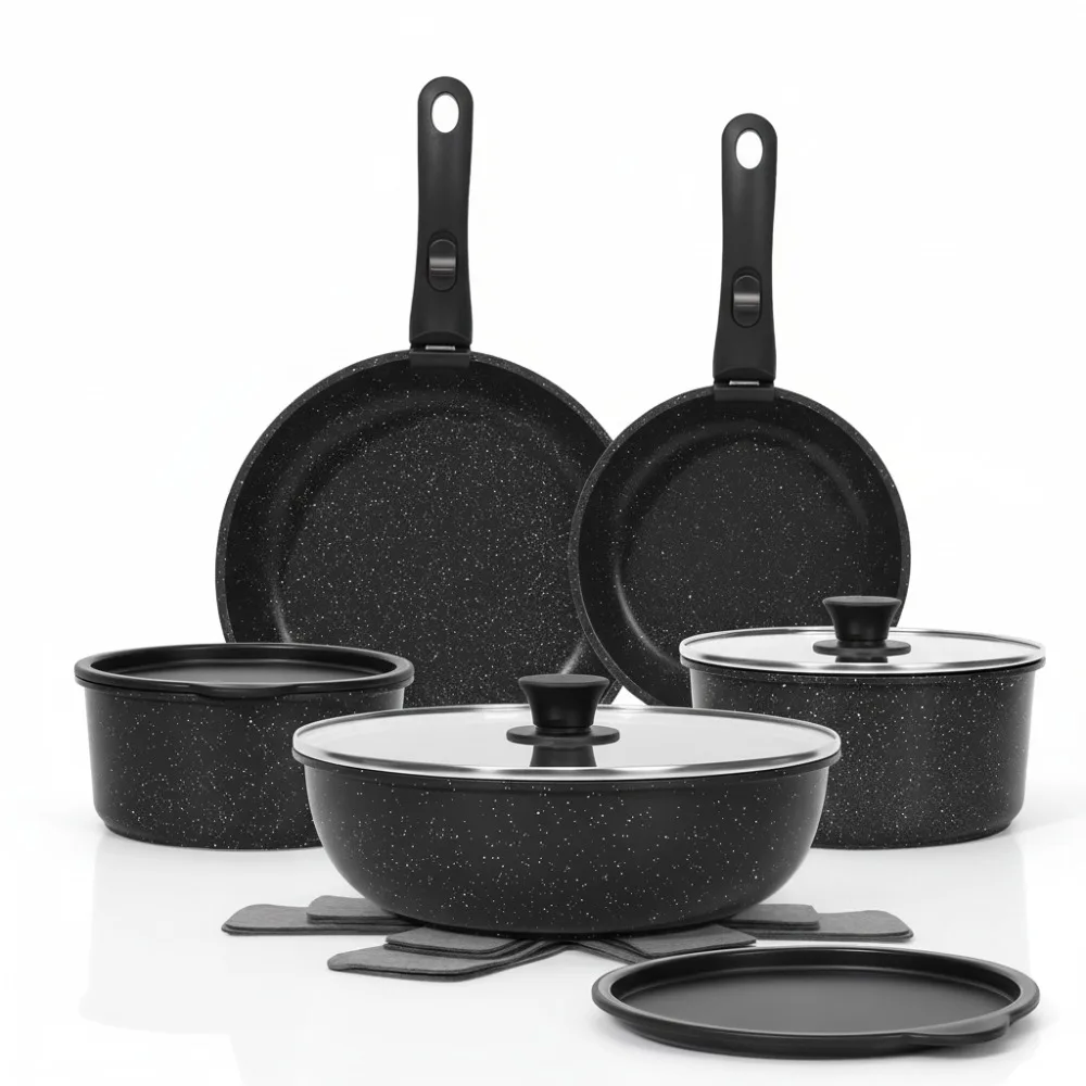 

15Pcs Non-Stick Cookware Set with Detachable Handles, Oven & Induction Safe, Stackable for RV Kitchen